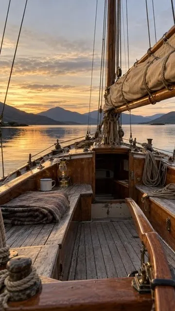 The deck of Hamish's wooden sloop at sunset, lantern lit and blanket on the bench