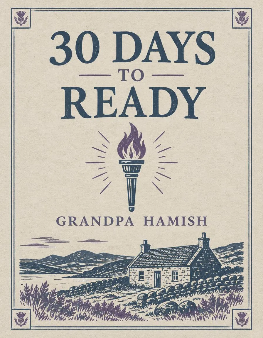 Cover of the 30 Days to Ready workbook, showing a torch and a croft cottage