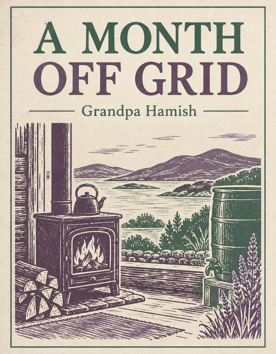 Cover of A Month Off Grid, showing a wood stove, water barrel and hills