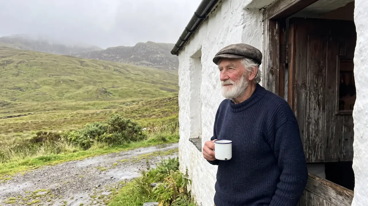 Hamish standing at the open door of his whitewashed croft house with an enamel mug, green hills behind