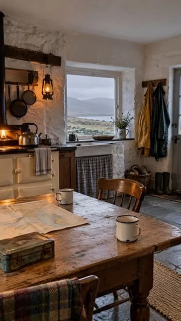A croft kitchen with an oil lamp and kettle on a wooden table by a window over the loch