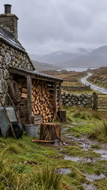 The croft with its woodshed stacked for winter, looking down the glen road