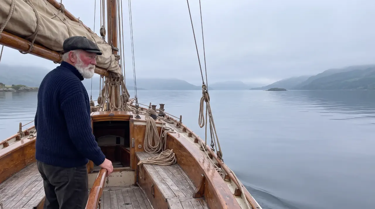 Hamish standing at the tiller of his sloop on a still, mist-covered loch