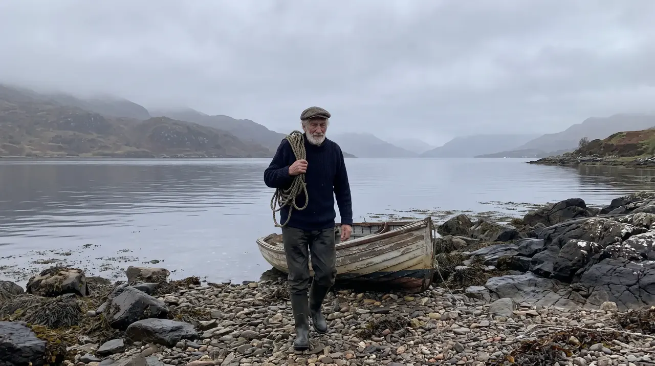 Hamish carrying a coiled mooring rope across a rocky shore, a weathered boat behind him
