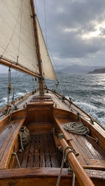 A wooden sailing boat making way under sail in open water