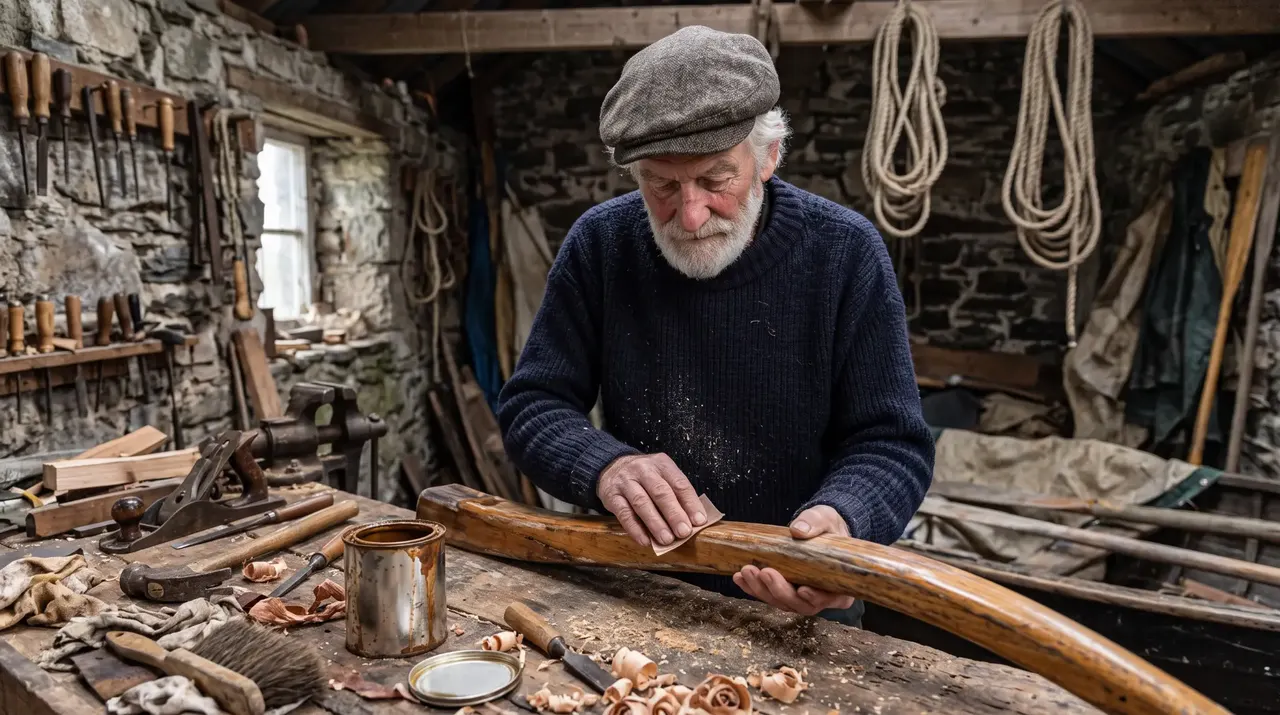 Hamish sanding a curved piece of timber at a cluttered workbench in a stone workshop